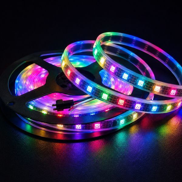 Адресная светодиодная лента в силиконе RGB RW 1LED SMD 5050 5V 60 д.м. IP67 WS2812b чёрная основа (цена 1 м) 20339 фото